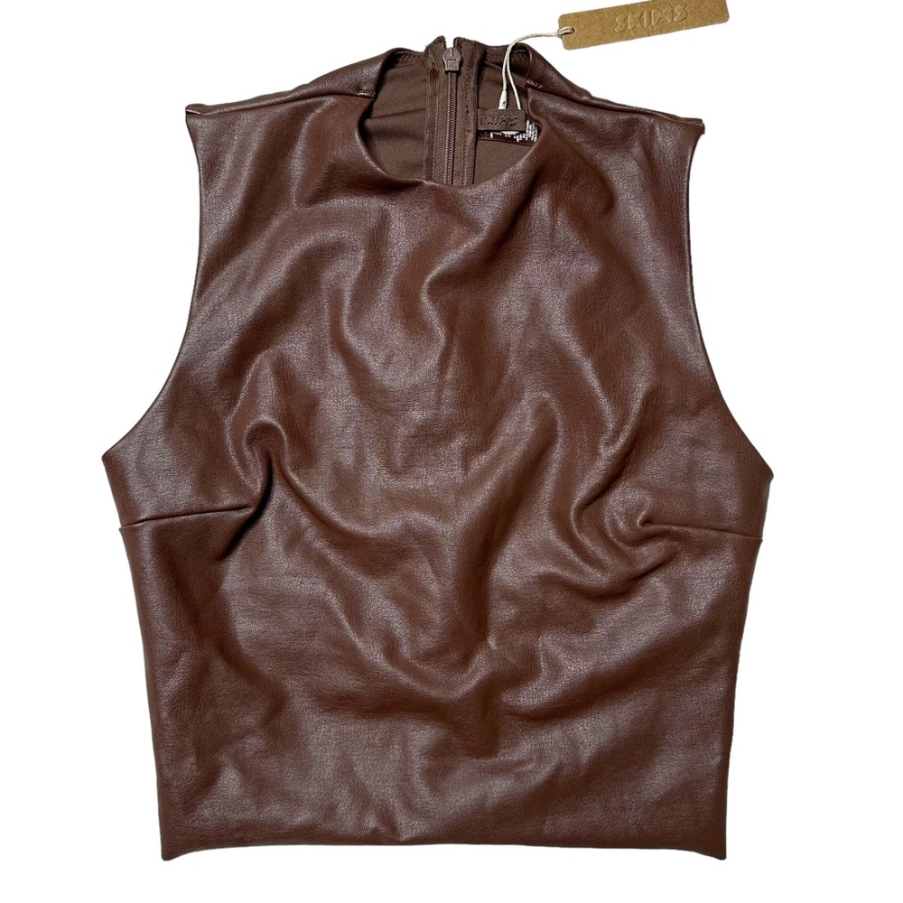 RARE Sleeveless Brown Faux Leather Mock Neck Crop Top